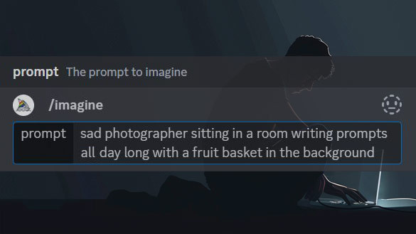 Prompteingabe mit einem Hintergrundbild eines Fotografen in einem dunklen Raum